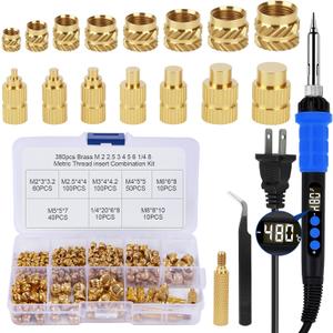 390PCS Soldering Iron Heat Set Insert Tool,90W Digital Soldering Iron with 380 PCS Threaded Inserts Nut,6PCS Heat Set Insert Tips,2PCS Soldering Tip Connecting Rods (390PCS)