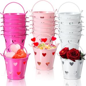 Sosation 18 Pcs Valentine Small Metal Bucket with Handle Mini Heart Pails Bulk Crayon Pencil Craft Supply Holder for Valentines School Party Favor with Heart Hollow(Rose Red, Pink, White)