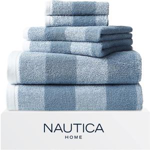 Nautica - Bath Towel Set, Cotton Bath, Hand & Washcloths, Plush, Absorbent & Quick-Dry, Striped Americana Decor, Set of 6, Oak Lake Blue