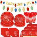 Baderke 195 Pcs Christmas Party Supplies Let's Get Lit Disposable Tableware Set Red Christmas Plates Tablecloth Banner Napkins Cups Forks Knife Spoon Friendsmas Xmas Holiday Decorations for 24 Guests
