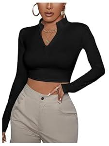 MakeMeChic Women's Fall Crop Top Long Sleeve Tops Mock Turtleneck Zip Up Trendy Fitted Shirts Black Small