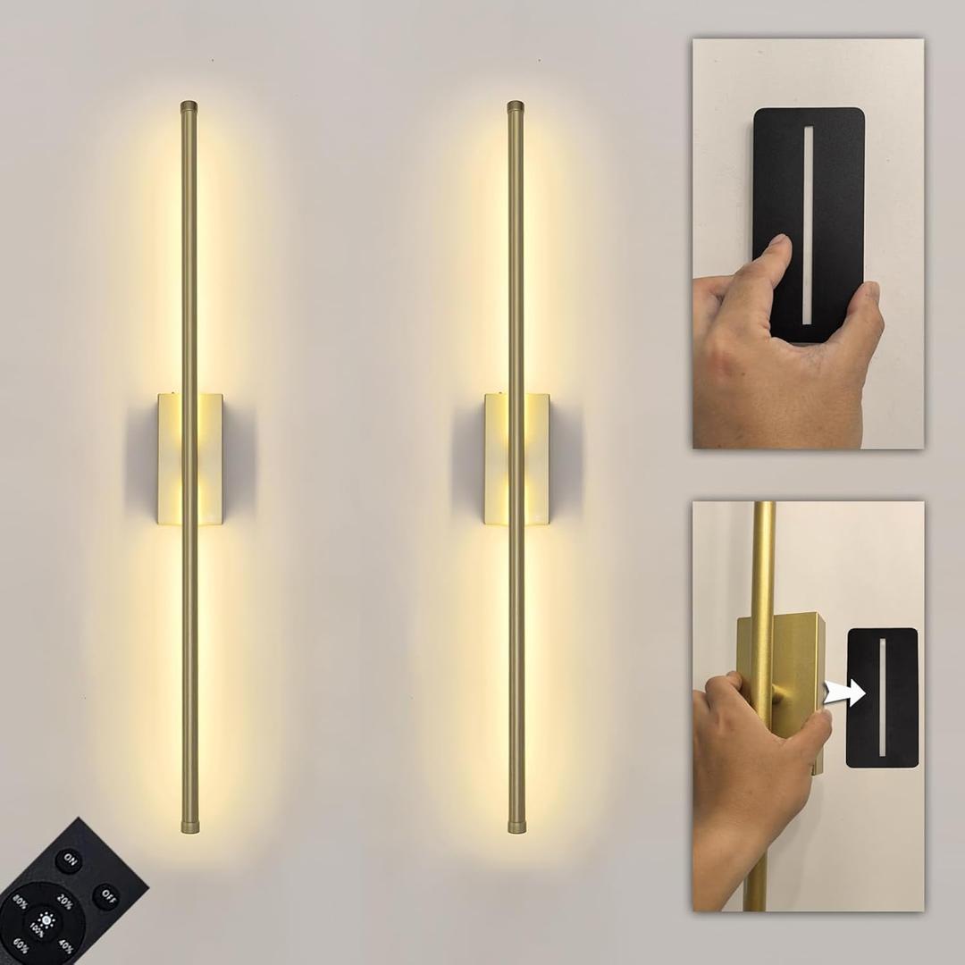 Set of 2 Battery Powered Linear Tube Rechargeable Gold Wall Sconce, Modern Decor Peel and Stick on Cordless Wall Sconces Picture Vanity Light for Living Dinning Room, Bathroom (2 Pack, 28.3'', Gold)