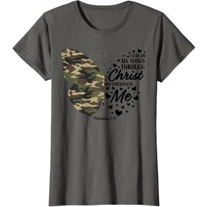 Cute Green Military Camo Butterfly Christian Religious Verse T-Shirt (X-Small)