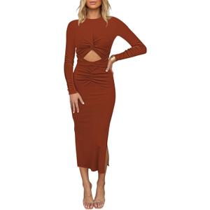 HUUSA Women's Long Sleeve Cutout Bodycon Dress Sexy Crewneck Twist Knot Ruched Slit Slim Fitted Ribbed Knit Midi Dresses (Medium, Burnt Orange)