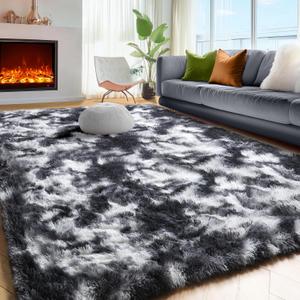 PAGISOFE Black White Grey Rugs for Living Room 5x8, Shag Fuzzy Fluffy Washable Rugs for Kids Room Playroom Classroom Dorm Shaggy Soft Carpet for Home Decor Aesthetic Plush Bedside Rug Modern Cool Rug