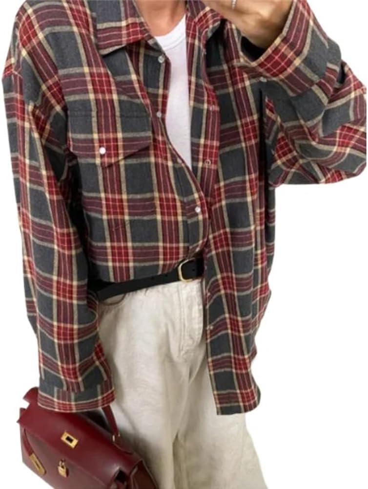 Long Sleeve Button Down Shirt Women Oversized Flannel Shirt Women Fall 2024 Plaid Shirts Y2k (Small, Red)