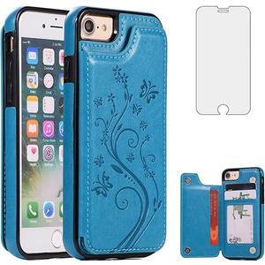 Phone Case for iPhone SE 2020/7/8 with Tempered Glass Screen Protector Card Holder Wallet Cover Stand Flip Leather Cell iPhoneSE2020 iPhone7 iPhone8 i Phones8 i7 i8 7s 8s Cases Women Girls Men Blue