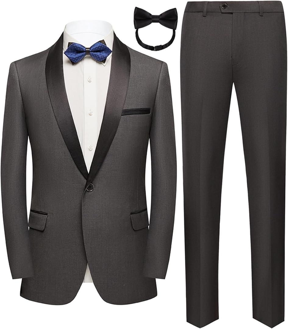 Men Suit for Wedding Party 2 Piece Slim Fit Shawl Lapel 1 Button Tuxedo Winter Fabric Dinner Suit Sets with Tie (Gray, L)