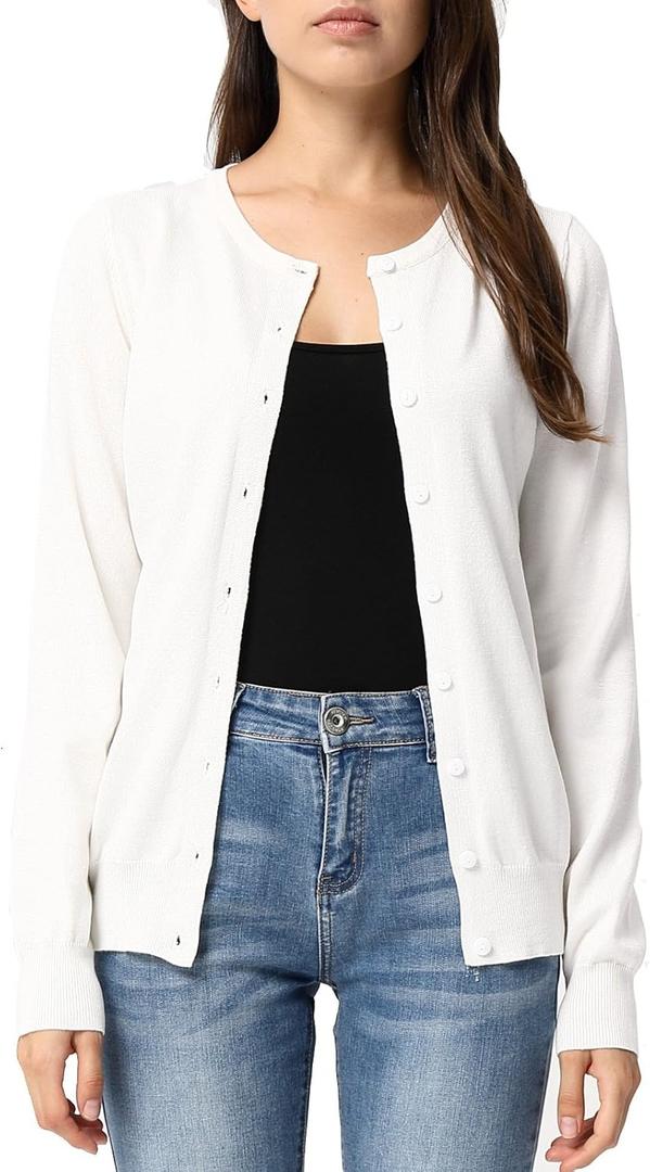 GRACE KARIN Women's Long Sleeve Button Down Crew Neck Classic Sweater Knit Cardigan (Large, White)