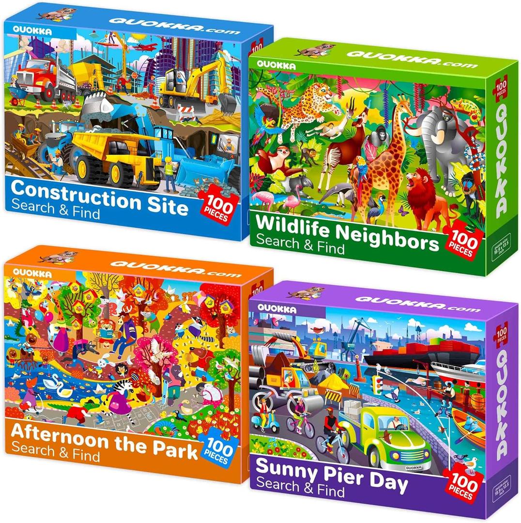 QUOKKA 100 Piece Puzzles for Kids Ages 4-6 4 Jigsaw Puzzles for Kids Ages 6-8 Search and Find Animals and Construction Vehicles for Children 5-8 Educational Learning Toy for Boys and Girls 8-10