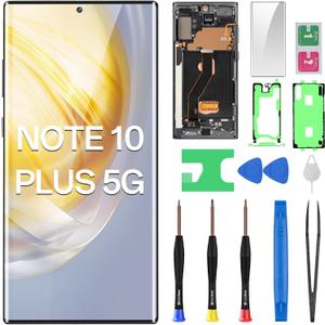 for Samsung Galaxy Note 10 Plus 5G OLED Screen Replacement SM-N976U N976U1 OLED Display Touch Digitizer Full Assembly with Aura Black Frame and Side Button Glass Repair Tools Kit