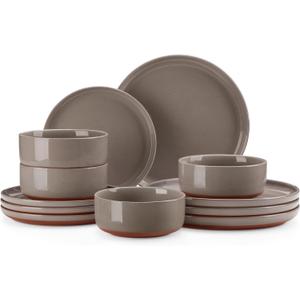 MALACASA Plates and Bowls Sets, 12 Pieces Modern Stoneware Dinnerware Set for 4 Kitchen Dinner Set Ceramic Dishware Dishes Set Microwave and Dishwasher Safe, Brown, Series TARA