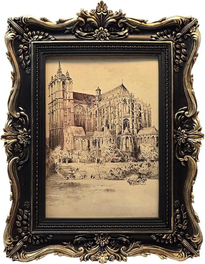 5x7 Vintage Picture Frame, Antique Black and Gold Ornate Photo Frame for Wall Hanging or Tabletop Display, Retro Home Decor, Photo Gallery Art