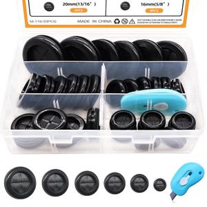 mankk 33Pcs Rubber Grommet Kit 6 Size (5/8" 13/16" 7/8" 1" 1-3/16" 1-1/2") Drill Hole Round Double Sided Rubber Hole Plug with Retractable Box Knife for Protecting Cable Wire M-119-33PCS