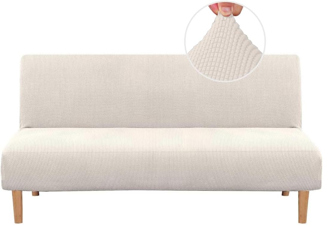 H.VERSAILTEX Armless Futon Cover Stretch Sofa Bed Slipcover Protector Elastic Feature Rich Textured High Spandex Small Checks Jacquard Fabric Futon Cover, Machine Washable, Ivory