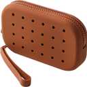 JOVAKIT Small Portable Silicone Makeup Bag for Women with Decorative Holes, Travel Waterproof Toiletry Cosmetic Bag Gifts for Women, Zipper Closure Makeup Case with Handle (Brown)
