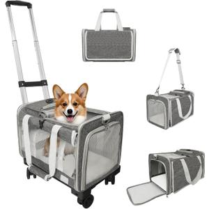 Pet Carrier with Wheels Up to 25 lbs Airline Approved Dog Carrier Rolling Pet Carrier w/Removable Wheels & Washable Plush Mat Pet Travel Carrier with Telescopic Handle & Shoulder Strap