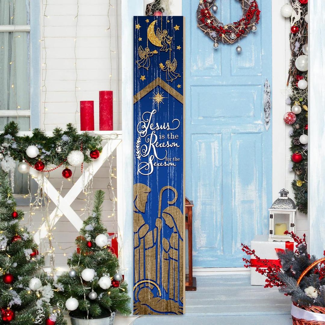 Christmas Wooden Porch Sign 47.2" Nativity Scene Welcome Sign for Front Porch, Vertical Standing Outdoor Porch Decor for Home Front Door Yard Farmhouse Hanging Christmas Decoration
