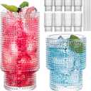 Hobnail Drinking Glasses, 8 pcs Glass Cups with straw, 4 Highball Glasses & 4 Rocks Glasses,Elegant Ripple Vintage Glassware, Ribbed Glasses, Iced Coffee Glasses for Cocktail Whiskey
