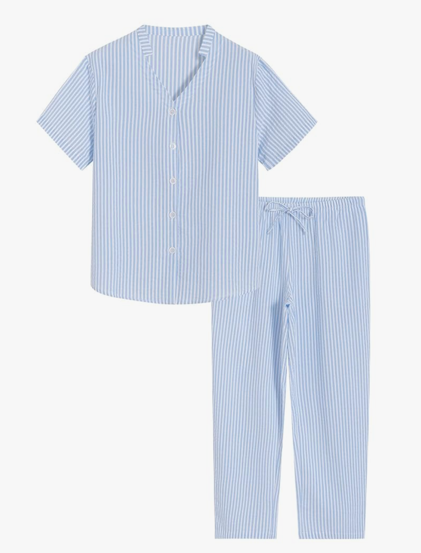 Latuza Women's Petite Seersucker Pajamas Set Cotton Pj Set Petite Size S Light Blue Stripe