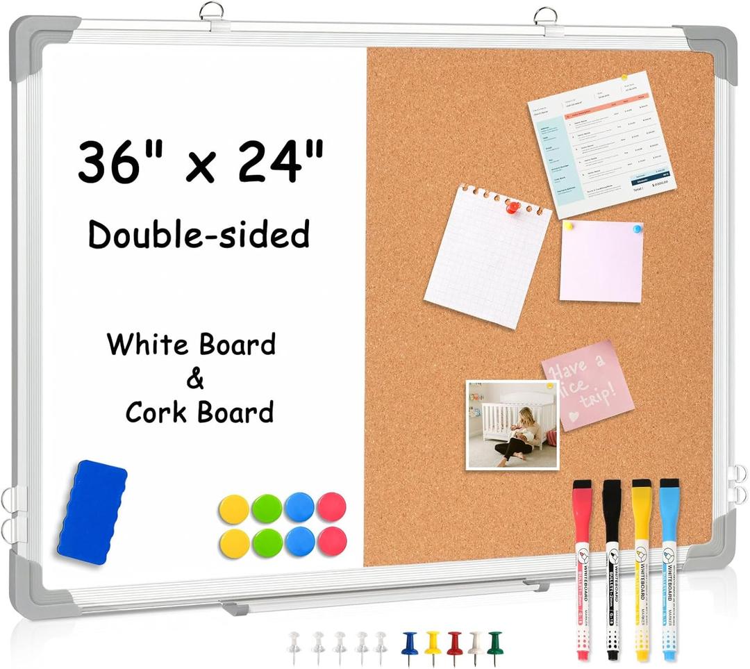 36" x 24" White Board & Cork Board Combo for Wall, Magnetic Double-Sided Dry Erase Board Cork Board Combination Hanging Whiteboard for Planning, Memo, School, Home, Office