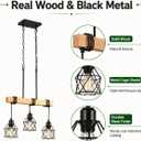 3 Light Farmhouse Kitchen Island Lighting,Dining Room Light Fixture,Adjustable Height Pendant,Real Wood and Black Metal Cage Chandelier for Kitchen,Dining Room