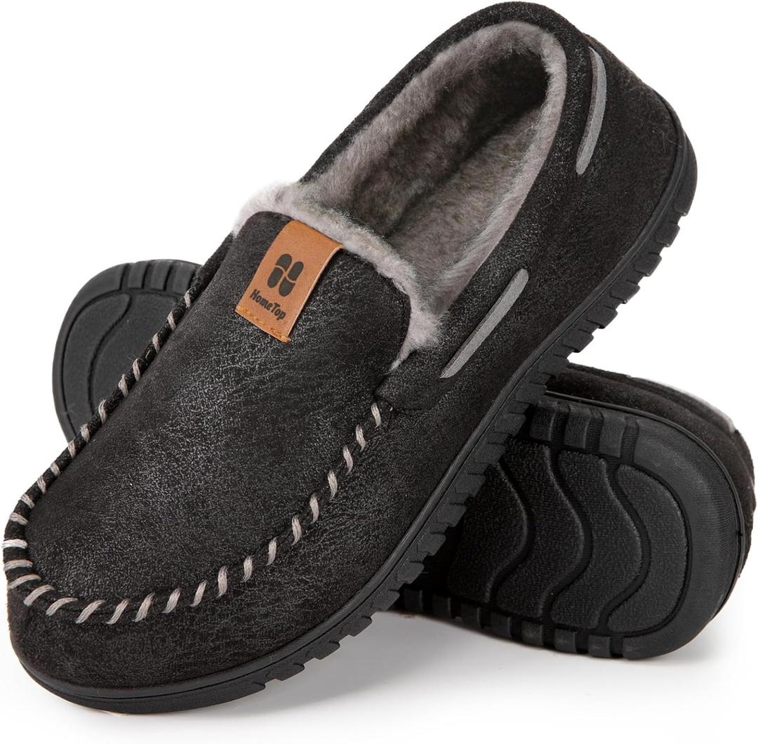 HomeTop Men's Suede Memory Foam Moccasin Slippers Soft Plush Warm Lining House Shoes (8, Black)