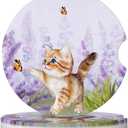 2 x Lavender Butterfly Cute Cat Car Coasters for Cup Holders,2 Pack Car Cup Holder Coasters for Car,Ceramic Absorbent Car Coaster with A Finger Notch and Cork Base,Car Interior Accessories for Women Men