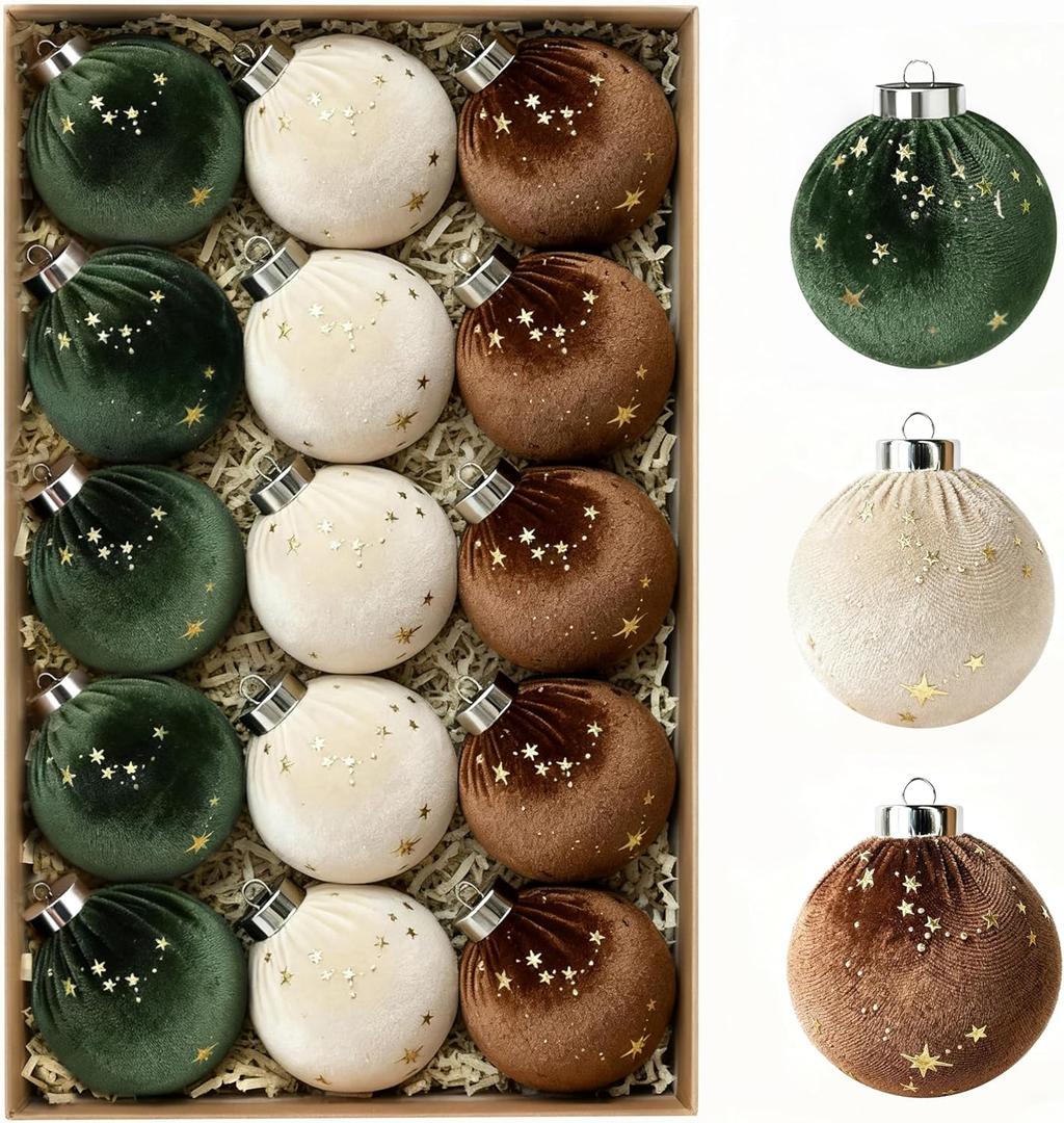 15 PCS Christmas Tree Ornaments Velvet Balls, 3.15 Inch Large Velvet Christmas Tree Ball Ornaments Set Star, Shatterproof Plastic Hanging Bulb for Xmas Tree Decorations - Multicolor Green Brown Beige