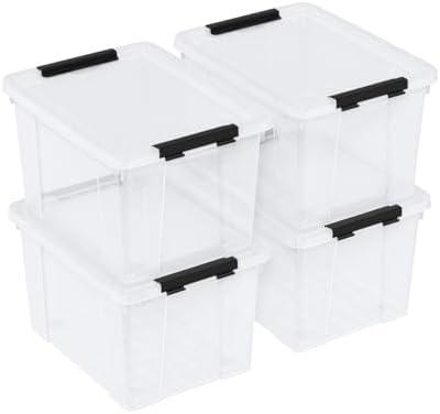 Knifefish 23 L Clear Plastic Storage Box with Lid and Wheels, 4 Packs | Stackable Lidded Storage Bin Container with Secure Latching Buckles