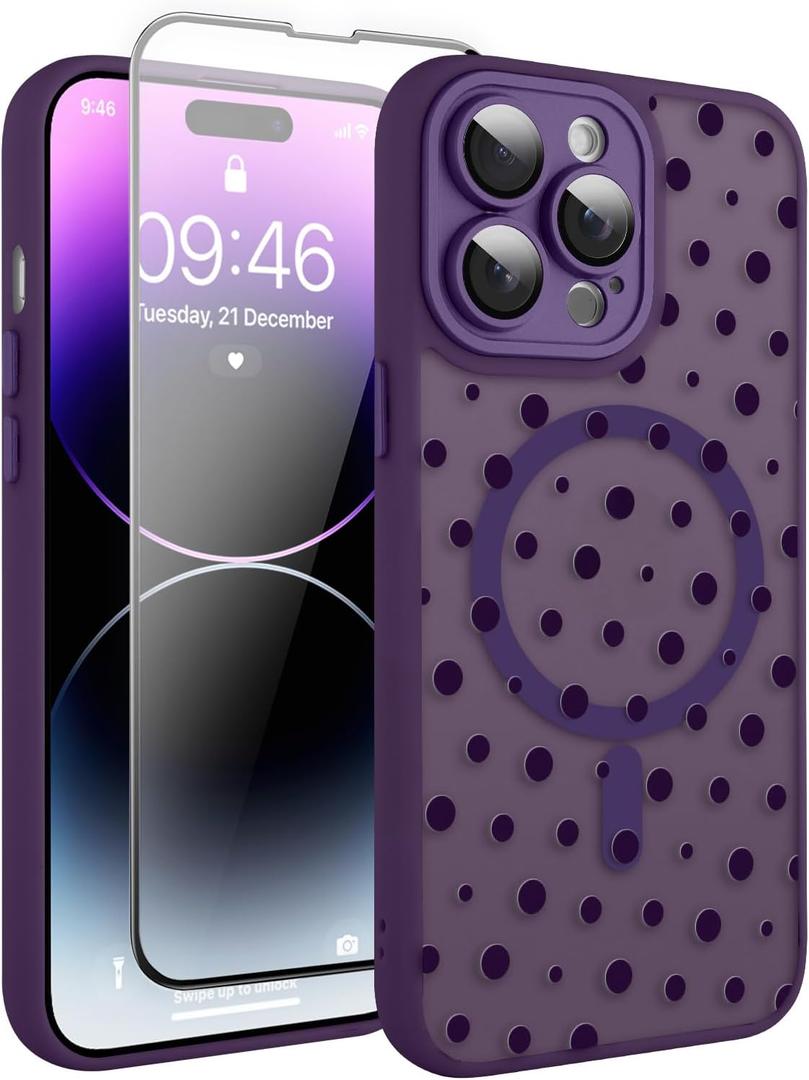 Magnetic for iPhone 14 Pro Max Case with Screen Protector [Compatible with MagSafe] Pretty Polka Dot Pattern Design, Shockproof Slim Cover for Women Girls, Dark Purple