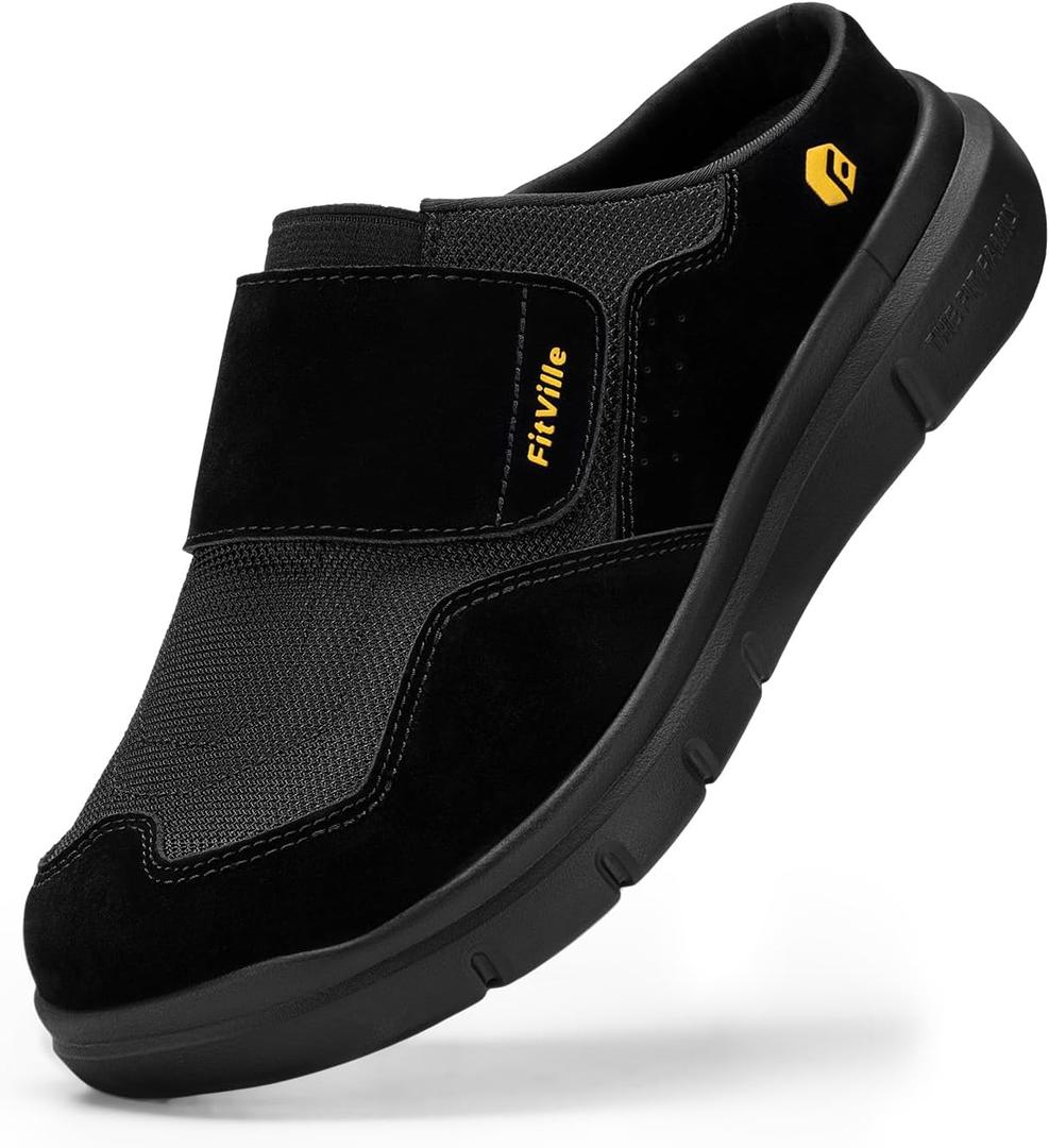 FitVille Diabetic Shoes for Men Wide Width Mens Diabetic Slippers Extra Wide Slip On Slippers for Swollen Feet Slip on shoes with Arch Support (Jet Black)
