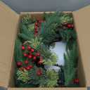 24 Inch Prelit Christmas Wreath for Front Door, Real Touch Norfolk Pine Wreath with Dual Color Change & Timer,Artificial Pine Tips,Cypress Leaves,Red Berries and Pinecone for Door Home Outdoor Decor