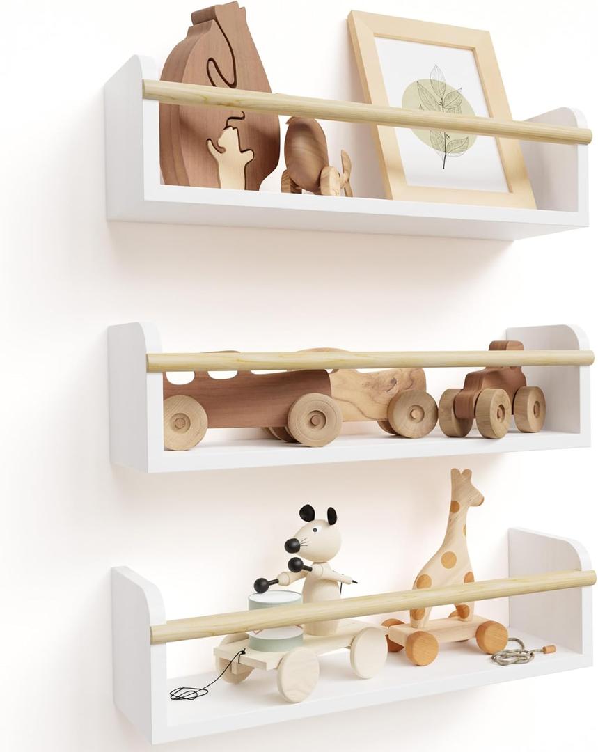 Decorative Nursery Bookshelves for Kids - Set of 3 Easy to Install Floating Shelves for Wall Mount - Beautiful Hanging Organizer Furniture for Your Baby Boy or Girl's Bedroom and Play Room Decor (White/Natural)