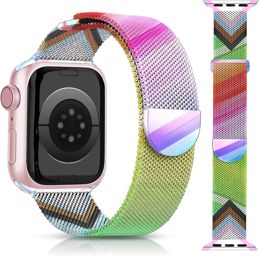 Melyis Pride Rainbow Magnetic Band Fits Apple Watch Bands for Women Men 42mm 41mm 40mm 38m, Colorful Stainless Steel Mesh iWatch bands, Milanese Metal Band for Apple Watch Series 10 9 8 7 6 5 4 3 2 SE