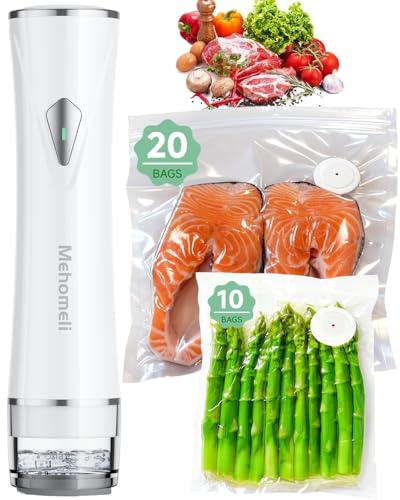 Mehomeli Compact Vacuum Sealer for Food (Vacuum Sealer Machine + 12 Reusable Vacuum Bags), Powerful Handheld Vacuum Sealer Machine, Seal Food 6X Fresh Longer, Portable & Wireless, Easy-Clean