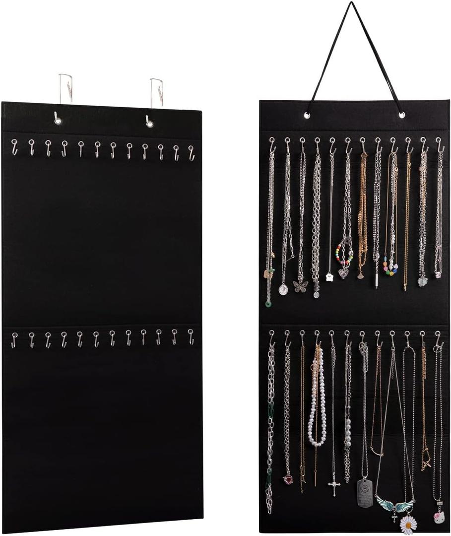 Hanging Jewelry Organizer Storage with 24 Hooks Wall Mounted Jewelry Display Hanging on Door Closet Necklace Holder for Bracelet Ring Chain-Patent Design (Black)