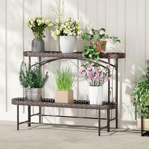 EHONXI Plant Stand Outdoor Indoor 2 Tier Metal Pland Stand, Detachable Heavy Duty Tall Plant Shelf Rack Flower Pot Holder for Patio Garden Balcony Living Room, Distressed Vintage Black