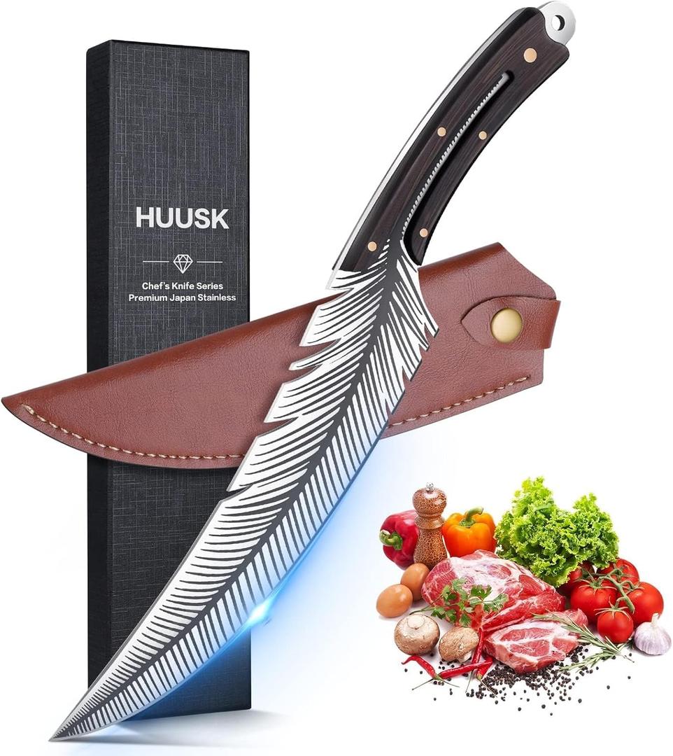 Huusk Japan Knife Feather Knife Hand Forged Viking Knife High Carbon Steel Butcher Knife Boning knife for Meat Cutting Japanese Chef Knives Cooking Knife with Sheath for Kitchen Camping Gift for Dad