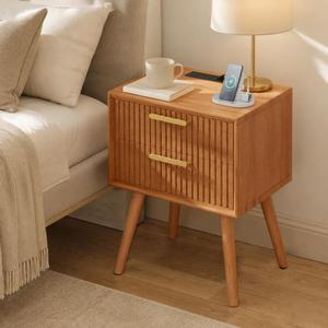 YOSHOOT Fluted Nightstand with Charging Station, Mid-Century Modern Bedside Table with 2 Drawers, Solid Wood End Table with Gold Handles for Bedroom Small Place, Walnut, 17.7×13.6×23.6in