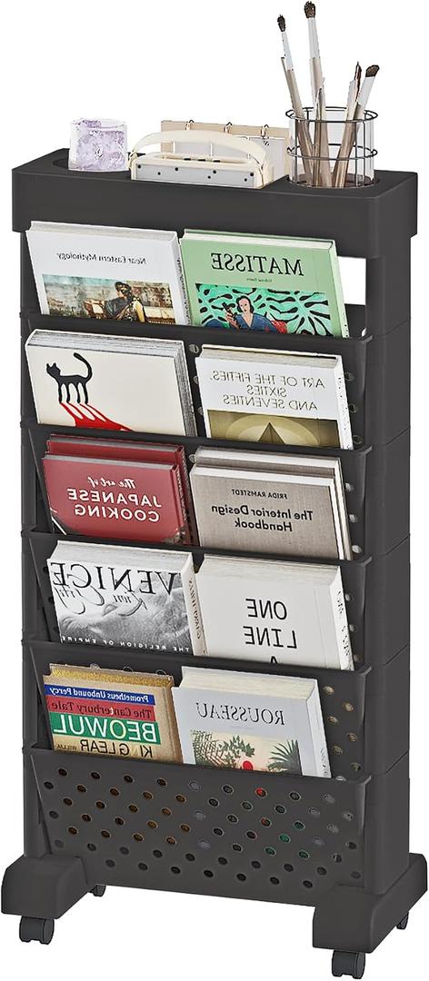 6-Tier Bookshelf, Book Storage Organization with Wheels Mobile Rolling Bookshelves Cart for Home Office Kids’ Study Room School, Black
