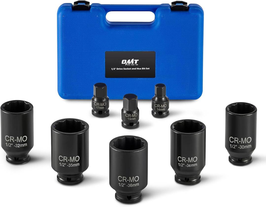 Orion Motor Tech 8pc Axle Nut Socket Set, 1/2 in Drive Metric 12 Point CRMO Axle Nut Impact Socket Set, ExtraDeep Spindle Axle Nut Sockets with Storage Case, 14mm 17mm 19mm, 30mm 32mm 34mm 35mm 36mm