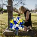 Artificial Cemetery Flowers with Vase for Grave Decoration - Headstones Memorial Flowers Bouquet- Blue Rose White Lily Carnation Yellow Hyacinth