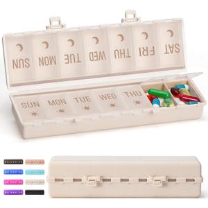 [Foldable & Dual Protection] Weekly Pill Organizer 2 Times A Day with Etched Labels, AM PM 7 Day Medicine Container Box, Large Portable Week Travel Pill Case for Daily Medication, Vitamin -Khaki