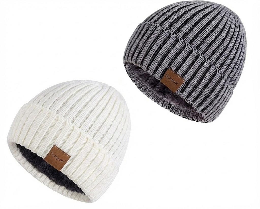 Nertpow Mens Beanie Hats 2 Pack, Winter Hats for Men Women Warm Thermal Fleece Lined, Thick Knit Fashion Skull Cap for Guys