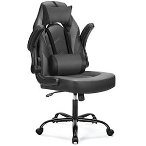 DUMOS Computer Gaming Chair with Flip-up Armrest, Ergonomic Office Desk Chair with Headrest for Adults and Teenagers, Height Adjustable Video Game Chair with Lumbar Pillow, Dark Grey