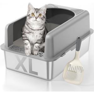 Stainless Steel Cat Litter Box, Extra Large High Sided Litter Boxs for Big Cats, XL Metal Litter Box with Lid, Non Stick, No Smell, Easy to Clean, Included Scoop