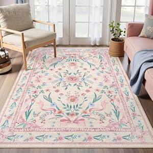 Pink Floral Rug 4x6 for Girls Bedroom or Nursery, Cute Bow Washable Area Rug, Ultra-Thin Non Slip Carpet for Kids Room, Dorm or Playroo