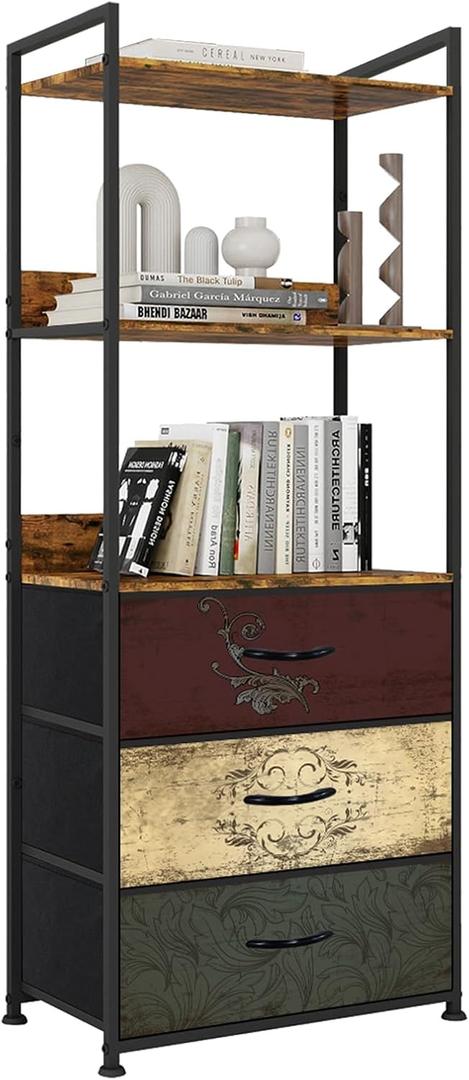 Vertical Bookshelf with 3 Drawers, Narrow Bookcase with Shelves, Wood Storage Organizer Cabinet, Metal Frame Display Standing Shelf Unit for Bedroom, Kitchen, Office