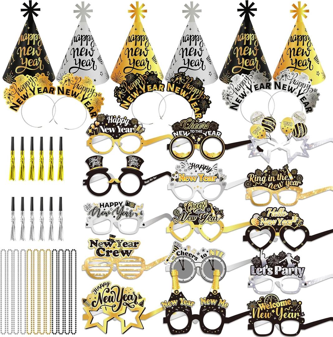 HOWAF New Years Eve Party Supplies 2026 Black Silver Gold 2026 Glasses New Years Hats Happy New Year Headband Tiara Necklace Blowouts NYE Party Favors Accessories Kit for Happy New Year Decorations